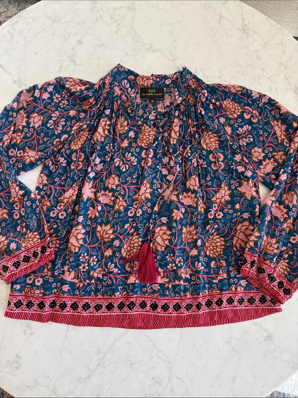 Natalie Martin Tassel Peasant Blouse Medium Blue Floral Boho Rayon Top Nat